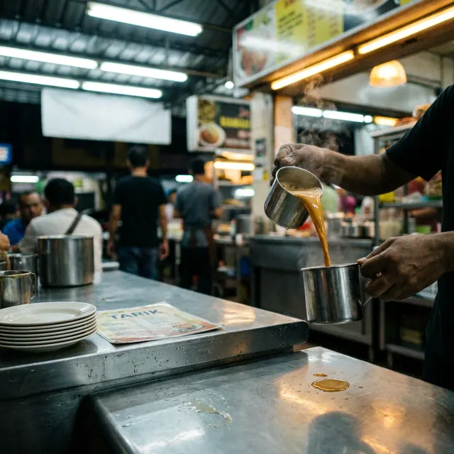 [object Object] — Fluorescent light, steel tables, teh tarik in mid-pull.